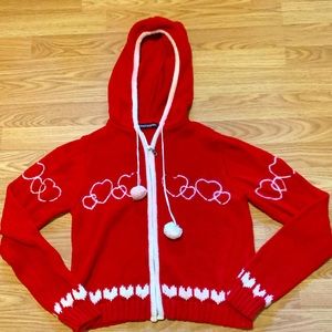 Tomfoolery Red Hooded Heart Zippered Sweater w/ Drawstring Pom Poms - Y Medium